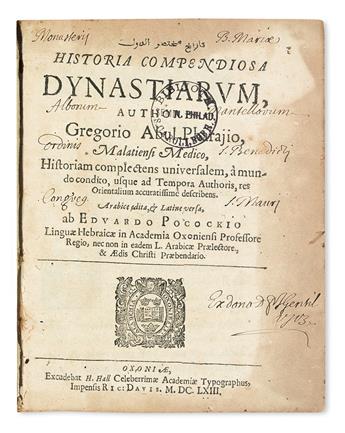 GRIGHOR ABU AL-FARAJ [or BAR HEBRAEUS].  Historia compendiosa dynastiarum.  3 parts in 2 vols.  1663
